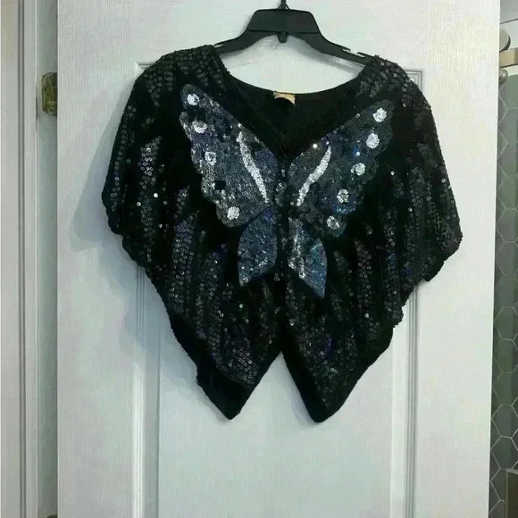 Vintage Butterfly  gorgeous sequin Silk Cape, Top, Blouse - Picture 3 of 9